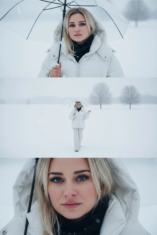 Создай вертикальный кадр, разделённый на три горизонтальных изображения одинакового размера, расположенных рядом. Главный персонаж основан на референсном лице, причёске и фигуре: фигура с выражением грусти и ностальгии, с глубокими глазами, излучающими одиночество. Наряд представляет собой свободный белый зимний пуховик, широкие брюки и чёрный шарф. Общая атмосфера утопает в белом снеге, холодная цветовая палитра навевает меланхолию и одиночество. Изображение 1 (портрет): Персонаж держит прозрачный зонт, слегка откинув голову назад и глядя прямо в кадр через плечо. Выражение лица печальное, взгляд проникновенный. Фон размыт снежной белизной. Изображение 2 (в полный рост): Персонаж с зонтом стоит один на бескрайнем заснеженном поле, идя и глядя в небо. Камера направлена ​​сверху вниз, как будто персонаж поднимает руку, чтобы поймать падающие снежинки. Вдали виднеются несколько голых деревьев без листьев. Сцена передаёт ощущение ничтожности и изолированности на фоне бескрайности природы. Изображение 3 (крупный план): Увеличенный кадр глаз персонажа с отстранённым, печальным взглядом, вызывающим чувство одиночества и тоски.