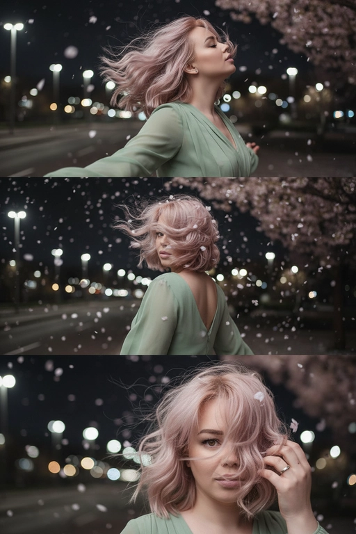 Не меняй черты лица, оставь их точь в точь как на загруженном фото. Фото в стиле триптиха, на котором изображена женщина в ночном городе.

На верхней панели изображена женщина по грудь, в профиль, расположенная в правой части кадра. Она запрокинула голову назад и закрыв глаза будто смотрит в небо разведя руки в стороны. Ее волосы развеваются на ветру закрывая лицо. На заднем плане ночной город полный ярких фонарей, где спокойно и нет людей, в небе развиваются от ветра листья сакуры . 

На средней панели изображена всё та же женщина со спины, смотрящая в кадр. На фоне все усыпано лепестками сакуры и они почти полностью перекрывают ночной город. Её волосы сильно развеваются на ветру в них запутались лепестки сакуры . 

На заднем плане нижней панели, крупным планом, изображено лицо всё той же женщины, частично скрытое развевающимися на ветру волосами в них немного лепестков сакуры, которая смотрит прямо на зрителя. Правой рукой она придерживает волосы, демонстрируя белое обручальное кольцо. 

Ночной Город и небо создают нейтральный, угрюмый фон для фотографии в натуралистическом стиле и при мягком освещении. Использовать лицо с фото на 100% , не изменяя черты лица. Девушка с нежно-розовыми волнистыми волосами, в светло-зеленом платье шифоновом