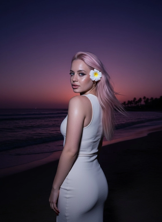 Сделай фото, будто я на пляже, где темно, но кто-то сфотографировал меня со вспышкой, и мое лицо немного блестит и светится, заднем плане закат, как будто солнце село на 98%, оставив фиолетовый оттенок, и само по себе почти темно. Фото сделано из-за моей спины, как будто  мне сказали, повернуться. Я в белом облегающем платье с цветком, заправленным в волосы. Волосы должны развеваться так, как будто дует слегка ветер.