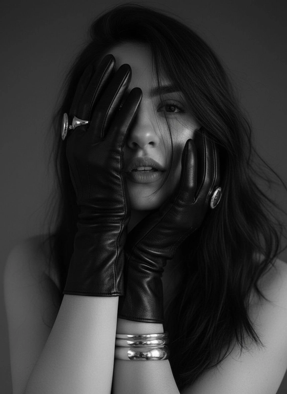 Модный портрет женщины, крупным планом,  в черных кожаных перчатках.  Руки частично заслоняют лицо. Перчатки создают интригующую композицию: одна рука закрывает часть лица, а другая лежит на противоположной стороне, тонко обрамляя нежные черты модели. Губы женщины видны, слегка приоткрыты, глаза открыты, голова слегка наклонена вперед. Несколько прядей волос свободно падают на ее лицо, добавляя ощущение движения. Текстура кожи очень детализирована, демонстрируя поры ее лица. Перчатки блестящие и плотно прилегающие, с тонкими, замысловатыми деталями. Серебрянные массивные кольца видны на пальцах, усиливая ощущение роскоши, а серебрянные браслеты обхватывают запястья. Мягкое, но драматичное освещение подчеркивает текстуру перчаток и кожи, создавая поразительный контраст на темном, мрачном фоне. Общая атмосфера интимная, элегантная и изысканная.