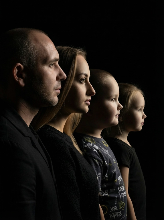 Профессиональный студийный портрет с низким контрастным светом. Головы расположены строго в одну линию. боковой профиль, взгляд влево. У всех видны только головы и немного плечи. Головы занимают весь кадр. Черный фон. Черная одежда у всех. Расположи их по убыванию возраста.