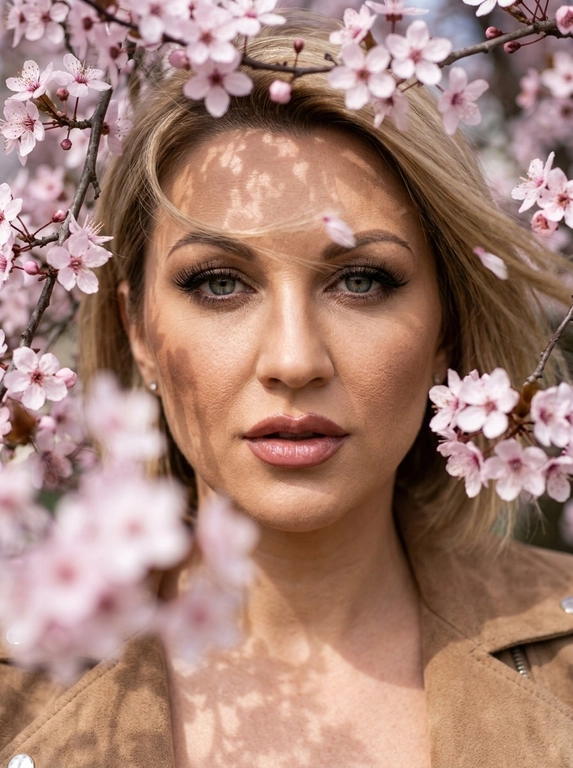 Крупный план лица. Модель смотрит прямо в объектив через густые ветви цветущей сакуры. Часть цветов на переднем плане находится вне фокуса, создавая ощущение глубины и мягкие розовые размытые пятна.
Пластика и поза: лицо словно зажато между ветками.
Модель немного наклоняет голову, из-за чего линия скул образует выразительный острый угол.
Взгляд осознанный, глубокий, живой.
Одежда: видна только линия плеч. Светло коричневая стильная ( по мотивам ysl) замшевая куртка.
Динамика: резкая фокусировка на глазах. Прядь волос и лепестки немного размыты ветром (motion blur). Макияж : густые длинные ресницы, оформленные брови, стрелка удлиняющая глаз, бронзер , легкий тон, губы подчеркнуты насыщенным пыльно розовым карандашом, розовый блеск.
Высокая детализация кожи, реализм текстуры.
Атмосфера: ощущение дорогой журнальной съёмки.
Естественный свет проходит сквозь лепестки и ветви, создавая на лице тонкую сетку из теней.
Супер детализированное фото 8К.