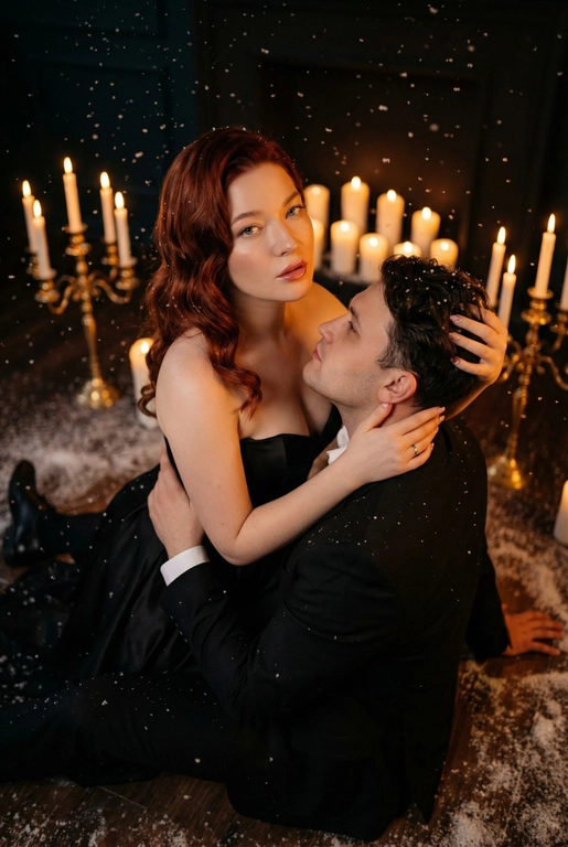 Ракурс камеры чуть сверху и сбоку. Романтическая и драматичная сцена в тёмном помещении. На полу сидит пара — мужчина и женщина верхом на мужчине в тесном, интимном положении. Женщина повернута к камере, её лицо поднято вверх, взгляд в камеру, хорошо освещено мягким тёплым светом. Она смотрит прямо вперёд, немного приоткрыв губы, с выразительным, глубоким взглядом. Если у женщины на фото длинные волосы. то они уложены в роскошные голивудские волны. Если короткие, то волосы просто красиво лежат.  На ней женщине длинное черное платье с лифом-бюстье без бретелей, подчеркивающее силуэт, создающими драматический силуэт.

Мужчина сидит у её груди, склонив голову к ее ключице и смотрит в ее лицо снизу вверх, словно обнимая её, одной рукой. Другой рукой упирается в пол позади себя. Он в чёрном классическом костюме и белой сорочке. Женщина одной рукой держит его за затылок, пальцы мягко погружены в волосы, создавая ощущение близости и страсти.

Вокруг пары падают искусственные снежинки — мелкие белые хлопья, подсвеченные тёплым светом свечей, что создаёт атмосферу зимней магии и романтики. На полу вокруг них разбросан «снег», добавляя глубины сцене.

Позади пары стоят золотистые и латунные канделябры с горящими свечами — тонкие высокие свечи создают мягкое золотое сияние. Из-за низкого освещения фон почти исчезает, оставляя только теплые огоньки и силуэты свечей. Освещение — контрастное: тёплый свет от свечей и мягкая направленная подсветка на лица. Очень темное фото.

Пол — тёмный, возможно деревянный, слегка блестящий от света. Атмосфера кадра — готическая, чувственная, тёплая, драматическая и немного мистическая.