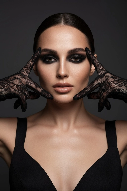 На моей фотографии крупным планом изображена гламурная женщина на темно-сером фоне, в прозрачных чёрных перчатках и чёрном платье. Она позирует, обрамляя лицо руками, отбрасывая на глаза эффектные тени. Яркий макияж глаз с аккуратной подводкой, гладкая и безупречная кожа, кинематографическое освещение, стиль высокой моды, атмосфера таинственности и соблазнительности. 