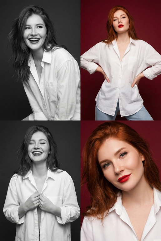 Коллаж из четырёх студийных портретов одной женщины, расположенных в сетке 2×2. Не меняй внешность, цвет и текстуру волос. Все кадры сняты в модном editorial-стиле. Образ — естественная красота, лёгкая небрежность, живые эмоции.
Женщина имеет естественный макияж с акцентом на красные губы. На ней белая очень свободная рубашка мужского кроя на несколько размеров больше, частично расстёгнутая, подчёркивающая линию декольте. В отдельных кадрах она слегка придерживает рубашку руками.
Эмоции и позы:
Верхний левый кадр — чёрно-белый, она наклоняется вперёд, смеётся, взгляд в сторону, живой момент.
Верхний правый — цветной, красный студийный фон, руки на бёдрах, уверенный фэшн-портрет. Снято с нижнего ракурса. Видно часть ее светлых джинс.
Нижний левый — чёрно-белый, она смеётся с закрытыми глазами, держит рубашку у груди, расслабленная поза.
Нижний правый — цветной, крупный портрет, легкая улыбка, слегка наклонила голову в сторону, тёплая улыбка, акцент на губах.
Фон: для цветных кадров — глубокий красный студийный фон, для чёрно-белых — нейтральный тёмный фон.
Освещение: мягкий студийный свет, подчёркивающий текстуру кожи, волосы и складки рубашки. Без жёстких теней.
Композиция: кадры слегка разные по ракурсу, создают ощущение живой съёмки backstage.
Стиль: fashion editorial, lifestyle, natural sexy, cinematic soft light, analog photo vibe, magazine photoshoot, ultra realistic, high detail, skin texture visible, 8k. Волосы распущены и уложены в объемную естественную укладку