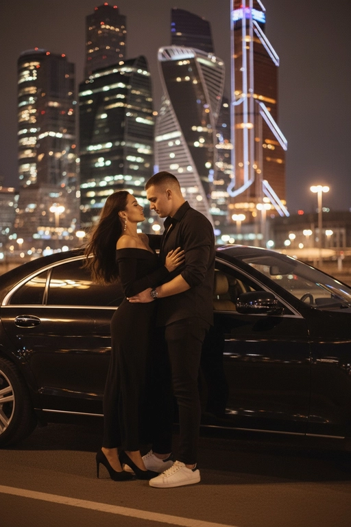 Используй предоставленные изображения и создай фото женщины и мужчины, в романтическом стиле, женщина облокотилась спиной на автомобиль, слегка откинувшись назад. ее слегка взъерошенные волосы мягко развеваются на ветру. Лицом к ней прижавшись стоит мужчина выше нее и одной рукой обнимает её за талию, а другой рукой опирается на машину. Влюбленно смотрит на женщину. На заднем плане изображена Москва-Сити, сияющая теплыми золотистыми огнями ночного города. Улица залита мягким городским светом, создающим гламурную и кинематографическую атмосферу. Поза женщины уверенная и в то же время игривая, и основное внимание уделяется взаимодействию между ней мужчиной. Освещение должно подчеркивать их силуэты, а отражения окружающих огней на стекле автомобиля должны создавать элегантную атмосферу. На парне черная одежда, рубашка и джинсы. Кроссовки белого цвета. На девушке черное длинное платье , где видно ключицы и открыты плечи , длинные волосы, черные каблуки 