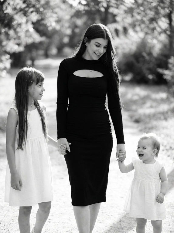   Черное белое фото,женщина в чернтм платье держит за ручку двух девочек.Девочки одеты в белые платья.