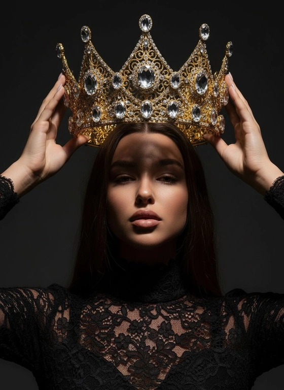 Модный портрет женщины крупным планом, стоящей прямо перед камерой, со слегка приподнятым подбородком. Она держит двумя руками почти над головой искусно выполненную корону с богатым филигранным орнаментом и крупными сверкающими драгоценными камнями. Корона находится в резком фокусе, отбрасывая тень на лицо. Освещение падает сверху, подчёркивая корону и создавая драматичный, контрастный эффект. Тёмная тень на лице усиливает ощущение таинственности и элегантности. Её платье – из тонкого чёрного кружева с высоким воротом. Фон темный, усиливая драматизм. Корона цвета желтого золота.