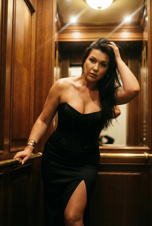 Не меняй черты лица. Создай гламурный редакционный портрет в винтажном лифте с деревянными панелями: женщина в чёрном корсетном платье без бретелек с высоким разрезом на бедре, золотым браслетом-манжетой и серьгами-кольцами.
 Поза: слегка прислонитесь одной рукой к латунной перекладине, а другой откиньте волосы назад, наклонившись вперёд, чтобы подчеркнуть ключицы и рельефные руки. Тёплое кинематографическое верхнее освещение с мягкими бликами на коже, глубокими тенями и лёгкими бликами от объектива; высокая контрастность, едва заметная зернистость плёнки. Композиция: малая глубина резкости, портретное изображение с фокусным расстоянием 35 мм, фигура в центре кадра длиной до середины бедра, насыщенные тона дерева и латуни, элегантное и знойное настроение высокой моды.