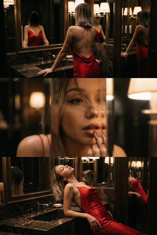 Создай не меняя черты лица. Экстремально реалистичный кинематографичный триптих, как живая серия фотографий из Instagram, снятая в зеркальном туалете дорогого ресторана. Вечер, интимная атмосфера, отражения в зеркалах, приглушённый свет, ощущение роскоши и ускользающего момента. Весь триптих объединён одним образом и единым настроением, с лёгким зерном, как будто кадры сняты в движении, естественно. В верхней части женщина стоит спиной облокотившись на раковину рукой, лицо в тени спина освещена, в отражениях зеркал видна её фигура, на ней одно и то же красное платье с открытой спиной, ткань струится и выглядит дорого, чувственно. Свет мягко скользит по плечам и линии спины, создавая глубокие тени и драматичный силуэт. В средней части экстремально близкий ракурс лица через зеркало, женщина смотрит на своё отражение и поправляет помаду, жест живой и естественный. Лицо частично в фокусе, частично слегка размыто, ощущение движения и дыхания кадра. Пышные ресницы, выразительный взгляд, блики света в зеркале, локоны из пучка падают на лицо, добавляя интимности. В нижней части девушка запрокинула голову и облокотилась о раковину, глаза закрыты, поза расслабленная, уязвимая, словно она на секунду выпала из шумного вечера. Платье то же самое, красное, ткань ловит приглушённый свет, усиливая глубину цвета и теней. Во всех кадрах приглушённое освещение, cinematic lighting, мягкие тени, отражения зеркал, лёгкое зерно и небольшой motion blur без резкой чёткости и глянца. Цвета глубокие, насыщенные, но сдержанные. Общий стиль ультрареализм, кинематографическая эстетика, эффект настоящего Instagram-триптиха, ощущение пойманного момента, живо, чувственно и очень реалистично, как кадры из личного архива.
Не меняй черты лица. Не изменять прическу с исходного фото
