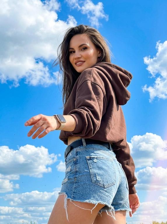 Нижний ракурс, снято сильно снизу вверх. В центре кадра — женщина с фото на фоне ярко-синего неба с пышными белыми кучевыми облаками. Женщина с фото одета в укороченное темно-коричневое худи свободного кроя и светло-голубые джинсовые шорты с  рваными краями и торчащими белыми нитками, на талии тонкий черный ремень. На левом запястье бежевые смарт-часы. Женщина в динамичном движении: она стоит спиной, но обернула лицо и смотрит прямо в объектив камеры с легкой улыбкой. Одна рука плавно направлена к камере, пальцы расслаблены (эффект легкого motion blur). Капюшон худи слегка откинут назад, обрамляя лицо. Волосы слегка растрепаны свежим ветром. Естественный макияж: сияющая кожа «glass skin», выражены скулы, объемные ресницы, матовая помада. Освещение: яркий дневной солнечный свет бьет сверху и освещает лицо, создавая красивые, жесткие тени под подбородком и на складках ткани худи. Микродетали: текстура грубого денима, мелкий ворс на ткани худи, детальная проработка пор и текстуры кожи, пылинки в воздухе. Любительская съемка на iPhone 15 Pro Max, лайфстайл фотография, непринужденный кадр в стиле Pinterest, легкий солнечный блик (lens flare) сбоку кадра для абсолютной фотореалистичности, яркие насыщенные цвета.