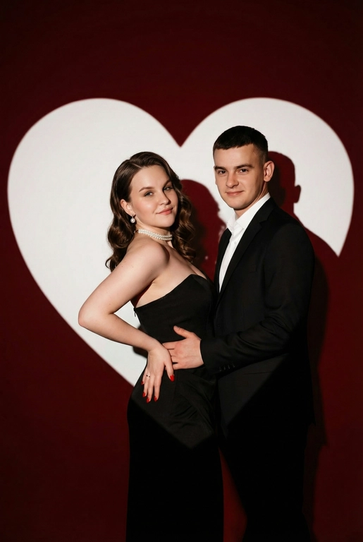 Фотореалистичный редакционный крупный портрет по пояс для пары по референсным фото. Мужчина и женщина позируют вместе, стоят близко. Мужчина одной рукой приобнимает женщину за талию. Фон: тёмно-красный студийный задник, большое белое сердце, проецируемое на стену. Сохранить внешность обоих: реальные черты лица, естественная текстура кожи, реальный цвет и длина волос, без ретуши и изменений. Женщина: облегающее чёрное вечернее платье без бретелей с небольшим разрезом, жемчужный чокер, жемчужные серьги, красный маникюр. Поза в три четверти, спина слегка выгнута, одна рука на поясе или касается руки мужчины. Лёгкая улыбка, взгляд в камеру. Мужчина: чёрный классический костюм, белая рубашка. Прямая осанка, уверенная поза. Взгляд в камеру, легкая улыбка. Свет: драматическое боковое студийное освещение, высокий контраст, чёткие тени на фоне. Композиция: вертикальный кадр по пояс, пара в центре, негативное пространство вокруг сердца. Стиль: фотореализм, модная редакционная съёмка, кинематографическая цветокоррекция (тёплые красные, глубокие чёрные), высокая детализация. Голливудская волна, пробор лёгкий боковой. Верхняя зона чуть приподнята у корней, концы — оформленные волной. 