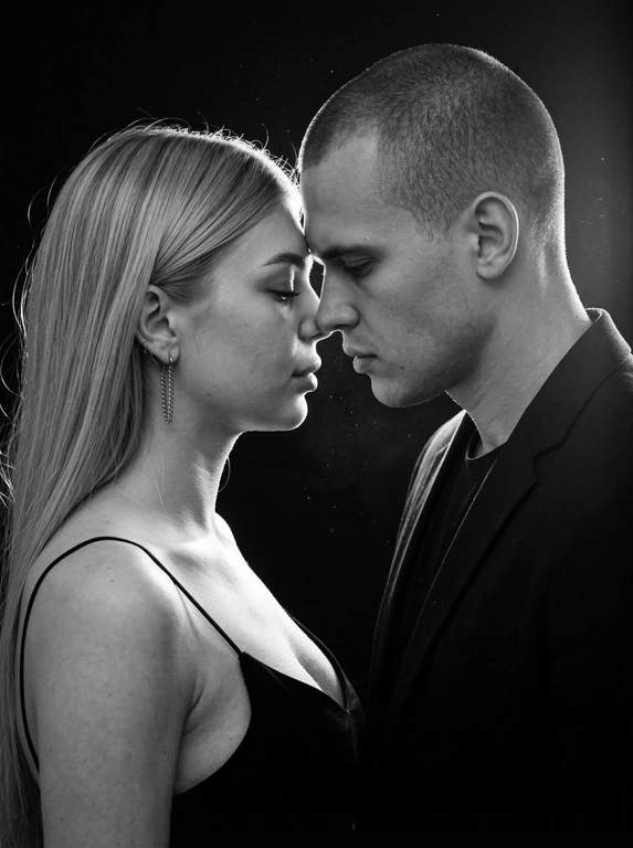 Фотореалистичный чёрно-белый кинематографичный портрет пары в тёмной студии. Сохранить внешность по загруженным фото: черты лица, пропорции, возраст, форму глаз/носа/губ, текстуру кожи и естественную мимику — без идеализации и изменений.
Крупный план по пояс, профиль к профилю. Мужчина слева, женщина справа. Они стоят очень близко, лбы и кончики носов почти соприкасаются, момент «перед поцелуем». Взгляд опущен (не в камеру): он смотрит вниз/на её губы, она закрывает глаза или смотрит вниз, выражение тихое и нежное. Между ними минимальная дистанция, без улыбок, атмосфера интимная и спокойная.
Мужчина в тёмной рубашке/пиджаке. Женщина в чёрном платье/топе на тонких бретелях, открытые плечи, серьга-цепочка, кожа с естественным бликом.
Свет: жёсткий контровой/рисующий свет сзади и чуть сбоку (rim light), сильная световая окантовка по волосам и профилям, передняя часть лица в мягкой полутени. В воздухе видны мелкие пылинки/частицы, подсвеченные контровым светом, лёгкий кинематографичный дым/хейз (очень деликатно). Фон полностью чёрный, без деталей.
Оптика/съёмка: 85mm, f/1.8-2.2, малая ГРИП, резкость на линии нос-лоб, остальное плавно уходит в мягкое боке.
Высокий контраст, глубокие чёрные, яркие хайлайты по волосам, плёночное зерно, лёгкий glow на контуре, без «пластика» и без пересвета на коже.