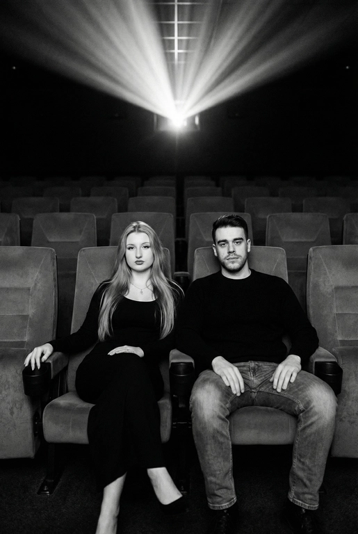  Кинематографичный чёрно-белый портрет пары в пустом кинозале.
Женщина и мужчина сидят рядом в мягких креслах кинотеатра.
кадр с глубоким пространством и пустыми рядами кресел позади них. Женщина черном длинном обтягивающем платье, поза женственная и спокойная, одна рука на подлокотнике.
Мужчина в черном свитере и в джинсах, сидит расслабленно.
Над ними яркий луч проектора, и выразительные блики.