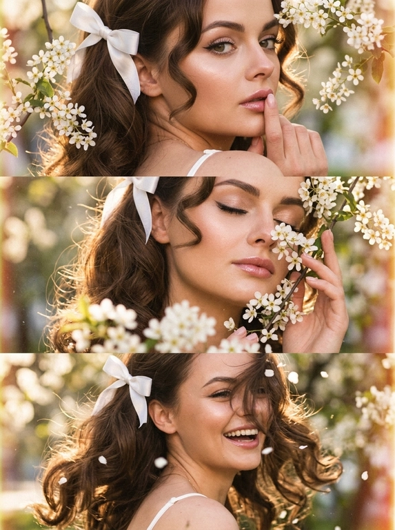 Создай  триптих из трёх кадров, расположенных под друг другом все кадры — крупный план (close-up portrait), единая стилистика и цветовая палитра. Весенняя атмосфера, цветущая черёмуха. Лицо освещено мягким боковым светом. Акцент на макияже глаз — изящные стрелки. Кожа светится естественным сиянием. Волосы мягко подсвечены контровым светом.
Макияж — свежий ретро-гламур: тонкая стрелка, аккуратно подчеркнутые ресницы, нежно-розовые губы с мягким блеском, лёгкий румянец.  Одежда - видны фрагменты белого верха на тонких бретельках.
Кадр 1 (верхний)
Экстремально крупный план лица со спины.  Она стоит спиной к камере, голова повернута в сторону плеча, палец касается губ под ветвями цветущей черёмухи. Нежные белые соцветия обрамляют лицо.
Кадр 2 (средний)
Крупный план, она закрывает глаза и слегка касается ветки черёмухи у щеки. Лепестки частично в фокусе на переднем плане.
Кадр 3 (нижний)
Крупный портрет в движении — лёгкий поворот головы, волосы развеваются от ветра падая на лицо и скрывая его часть, несколько лепестков черемухи в воздухе и в волосах, корпус наклонен к камере она смеется.
Стиль и обработка всех кадров:
Сцена имеет эстетику винтажного фильма с мелким зерном. 
все три фото фото залито солнечным светом, сильное плёночное зерно, тёплая винтажная цветокоррекция, лёгкая засветка по краям кадра, высокая детализация кожи, естественная текстура, гармоничная композиция триптиха.

Прическа:: Мягкие объёмные волны в стиле 70-х, естественный прикорневой объём, часть волос собрана сзади атласной белой лентой завязанной на бантик, два локона спереди обрамляют лицо.