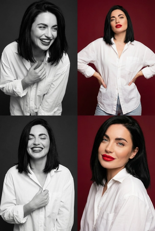 Коллаж из четырёх студийных портретов одной женщины, расположенных в сетке 2×2. Не меняй внешность, цвет и текстуру волос. Все кадры сняты в модном editorial-стиле. Образ — естественная красота, лёгкая небрежность, живые эмоции.
Женщина имеет естественный макияж с акцентом на красные губы. На ней белая очень свободная рубашка мужского кроя на несколько размеров больше, частично расстёгнутая, подчёркивающая линию декольте. В отдельных кадрах она слегка придерживает рубашку руками.
Эмоции и позы:
Верхний левый кадр — чёрно-белый, она наклоняется вперёд, смеётся, взгляд в сторону, живой момент.
Верхний правый — цветной, красный студийный фон, руки на бёдрах, уверенный фэшн-портрет. Снято с нижнего ракурса. Видно часть ее светлых джинс.
Нижний левый — чёрно-белый, она смеётся с закрытыми глазами, держит рубашку у груди, расслабленная поза.
Нижний правый — цветной, крупный портрет, легкая улыбка, слегка наклонила голову в сторону, тёплая улыбка, акцент на губах.
Фон: для цветных кадров — глубокий красный студийный фон, для чёрно-белых — нейтральный тёмный фон.
Освещение: мягкий студийный свет, подчёркивающий текстуру кожи, волосы и складки рубашки. Без жёстких теней.
Композиция: кадры слегка разные по ракурсу, создают ощущение живой съёмки backstage.
Стиль: fashion editorial, lifestyle, natural sexy, cinematic soft light, analog photo vibe, magazine photoshoot, ultra realistic, high detail, skin texture visible, 8k. Волосы распущены и уложены в объемную естественную укладку,черные волосы по плечи,голубые глаза, длинные стественные ресницы,сережки 