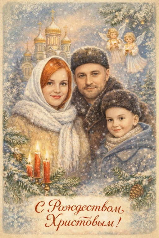 Создай винтажную рождественскую открытку со всеми людьми или одним человеком из предоставленных фотографий. Стиль - советские сказочные открытки 1950-1970-х годов, мягкая живописная иллюстрация, ощущение тепла и уюта. Композиция и формат: • Персонажи остаются в центре композиции • Фон - православная церковь, зимняя сказочная атмосфера Лица: • Лица сохранить максимально похожими на оригинальную фотографию (one-to-one likeness) • Без изменения черт лица, возраста и эмоций • Реалистичное сходство, аккуратная художественная стилизация без искажений. Одежда и образы: • Заменить современную одежду на старинную зимнюю советскую одежду. Если человек- женского пола , то добавь белый платок на голову. ⁠ Декор и детали:  • Хвойные ветки • ангелочки в сказочном стиле, церковные свечки • Лёгкий снег, морозные узоры Цвет и атмосфера: • Светлая, зимняя, мягкая цветовая палитра • Пастельные оттенки, эффект старой бумаги, легкое зерно • Сказочное, теплое новогоднее настроение  • Шрифт - изящный, рукописный, сказочный, в стиле советских открыток. Надпись: «С Рождеством Христовым»