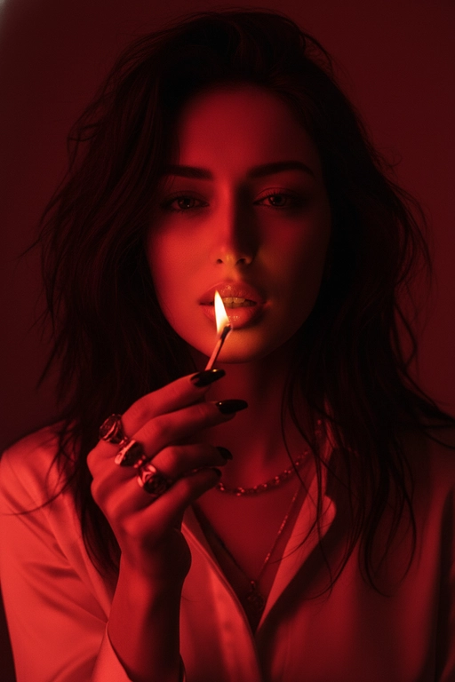 Используйте черты лица, как на прилагаемой фотографии.
смелый, кинематографичный портрет женщины, залитой темно-красным светом, которая подносит к губам зажженную спичку. Теплый отблеск пламени подчеркивает ее блестящие губы и создает эффектный отблеск на коже.
ее выражение ее лица напряженное и пленительное, обрамленное взъерошенными волосами, которые свободно ниспадают на лицо. На ней светлая рубашка и многослойные украшения, в том числе металлическая цепочка и крупные кольца. На ее длинных черных ногтях отражаются едва заметные блики света, усиливая мрачную, чувственную атмосферу. Красный фон и сдержанные тени придают глубину и визуальное напряжение, создавая эффектный образ в редакционном стиле.

Настройки камеры: iso 400, диафрагма f/2.0, выдержка затвора 1/160 сек, объектив 85 мм, ручная фокусировка, баланс белого 2800k, коррекция экспозиции -0,3 ev, подсветка одиночным пламенем с красной заливкой, минимальная зернистость, кинематографическое высококонтрастное освещение с плавными тональными переходами.