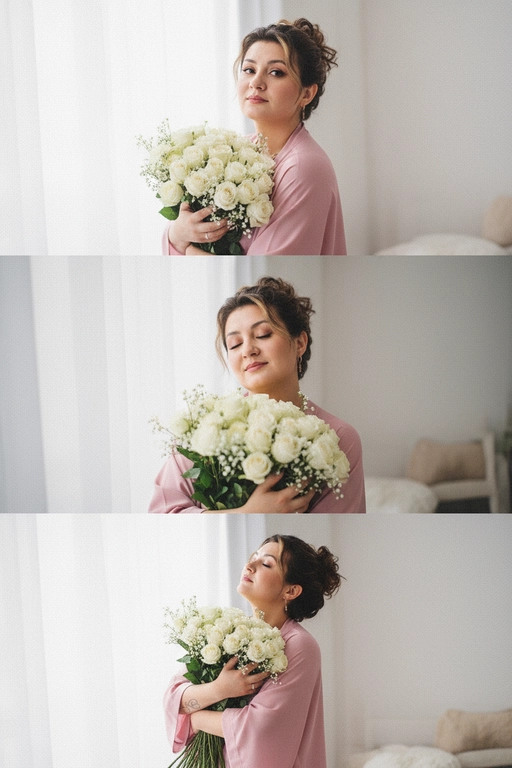 Не меняй черты лица, оставь их точь в точь как на загруженном фото, в том числе макияж и волосы.
Композиция из триптиха изображает женщину дома с цветами
На ней свободная пижама кимоно в пол нежно розового цвета.

На верхнем кадре портрет крупным планом, женщина смотрит в камеру лицо боком в руках у неё огромный букет. На заднем плане светлая стена размыты.

На центральном кадре сверхкрупный план, та же девушка, ее голова слегка наклоненная вперед, она принюхивается к букету, ее глаза закрыты, на лице легкая улыбка.  Кадр снятый с очень близкого расстояния, видно только часть огромного букета и лица  

На нижнем кадре портрет крупным планом изображена всё та же женщина, голова запрокинута вверх глаза закрыты, прижимает все тот же огромный букет к груди

Цветовая палитра приглушена, с нежными розовым, белым
Общий стиль наводит на романтику. Присутствует видимая зернистость.  Букет цветов - белые розы