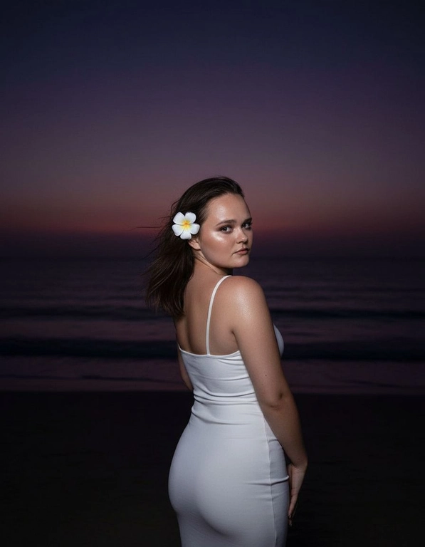 Сделай фото, будто я на пляже, где темно, но кто-то сфотографировал меня со вспышкой, и мое лицо немного блестит и светится, заднем плане закат, как будто солнце село на 98%, оставив фиолетовый оттенок, и само по себе почти темно. Фото сделано из-за моей спины, как будто  мне сказали, повернуться. Я в белом облегающем платье с цветком, заправленным в волосы. Волосы должны развеваться так, как будто дует слегка ветер.