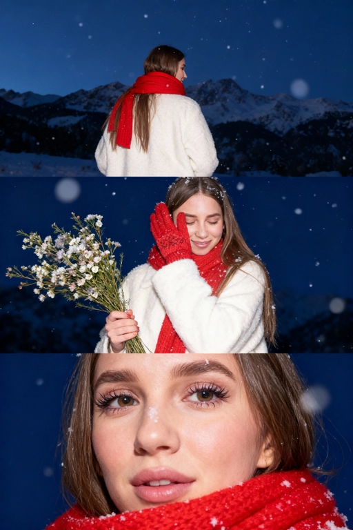 Создай коллаж не меняя черты лица. Кинематографический зимний коллаж из трёх кадров: девушка на фоне заснеженных гор и замёрзшего озера, мягкий вечерний свет, холодно, падает снег. На ней белое шерстяное пальто и ярко-красный шарф, в руках букет зимних полевых цветов. Первый кадр — со спины, её волосы и красный шарф выделяются на фоне темно-синего неба и гор; второй кадр — человек стоит на фоне темно-синего неба, улыбается, смотрит вниз, в одной руке букет, второй рукой прикрывает лицо. На руках красные вязаные перчатки. атмосфера лёгкости и свежести. на ней белое шерстяное пальто и ярко-красный шарф; третий кадр — очень крупный портрет на фоне темно-синего неба, взгляд в камеру, на ресницах снег, мягкий румянец, естественный макияж. Видно часть шарфа. Акцент на глаза. Настроение — романтичное, зимнее, немного меланхоличное, стиль — реалистичный, кинематографический, контраст белого снега и красных акцентов. Все фото сделаны ночью со вспышкой. Пленочная фотография.