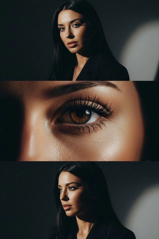 Создай коллаже из 3-х кадров на основе внешности человека на фото. Верхний кадр: человек смотрит в камеру с лёгким наклоном головы. Один глаз в свете, другой в тени — эффект таинственности. Чёрная одежда усиливает драму. Тёмный фон с мягким светом , подчёркивает лицо. 
Центральный кадр (глаз): крупный супер чёткий план её глаза - ресницы, радужка, отражения. Взгляд прямой и глубокий. Фон полностью чёрный. 
Нижний кадр: интенсивный уверенный взгляд человека влево, голова тоже повернута влево. Чёрная одежда, тёмный фон. Жесткий боковой свет, подчёркивающий контуры лица и создающий драматичные тени. Стиль: raw, винтажная плёночная зернистость, драматизм.