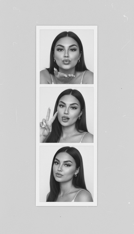  Используя мою фотографию в качестве референса для лица и волос, не изменяя исходные черты лица и сохраняя верность моим физическим характеристикам, создайте ленту из фотографий в ч/б с тремя вертикальными белыми рамками. Лента выглядит так, будто лежит на столе или фоне. Фотографии выглядят профессионально , как будто из настоящей фотобудки. 

В каждой рамке по центру расположены портрет и фотография погрудной проекции одного и того же человека. Взгляд прямо в камеру.

Общая эстетика винтажная, с лёгкой зернистостью и выцветшим качеством, напоминающая классическую аналоговую фотографию. Но при этом изображение выполнено в высоком разрешении. На светло-сером фоне видны едва заметные следы пыли и царапин. Лица человека на белом фоне. 
НЕ ИЗМЕНЯЙТЕ МОЁ ЛИЦО. На верхнем фото девушка посылает зрителю воздушный поцелуй, поднеся правую руку ко рту и слегка поджав губы. Выражение её лица игривое и дружелюбное.  На среднем фото девушка мило и игриво показывает знак мира, высунув язык. Брови слегка приподняты. На нижнем фото девушка позирует, отвернувшись к плечу, смотрит прямо в камеру с более спокойным и уверенным выражением лица. Губы мягко сжаты, взгляд прямой и чувственный. ОДЕЖДА: На ней маленькие серьги-кольца и изящное ожерелье с символом бесконечности поверх светлого атласного или шёлкового топа. На ней естественный макияж, включая глянцевый блеск для губ, лёгкую подводку для глаз и кукольные нарощенные ресницы, без излишеств. У неё квадратный французский маникюр. 