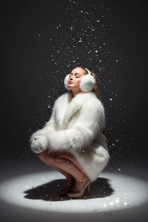 Создай ультрареалистичный студийный зимний портрет женщины (используй загруженное фото как точную визуальную основу, не изменяй черты лица, выражение, цвет кожи, глаз, бровей, губ и волос). Женщина сидит на корточках в центре кадра, на фоне тёмной студии с мягким направленным светом сверху. Вокруг падают крупные и мелкие хлопья снега, замороженные в движении. На ней объёмная белая пушистая шуба с длинным мехом, большие белые меховые варежки и наушники. Ноги обнажены, на ней бежевые туфли на шпильке. Голова чуть запрокинута вверх, глаза закрыты, лицо расслаблено, выражение спокойное и мечтательное - будто она ловит снежинки. Освещение контрастное: яркий круг света на полу под ней и глубокая тень позади. Снег подсвечен и искрится. Атмосфера - зимняя, модная, волшебная, с ощущением тишины и снежного воздуха.