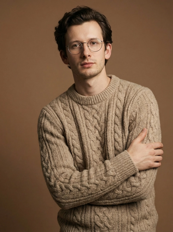   Студийный портрет мужчины, сделанный в теплых, приглушенных тонах с коричневым фоном. Мужчина стоит, смотря прямо в камеру. Его руки скрещены на груди. На нем вязаный свитер крупной вязки, светлого, землистого оттенка с узором в виде кос. Он носит тонкие металлические очки круглой формы. Общая атмосфера снимка спокойная и уютная, с акцентом на естественность и комфорт. Кажется, что это кадр из каталога одежды или журнала о стиле. Освещение мягкое, равномерное, без резких теней.