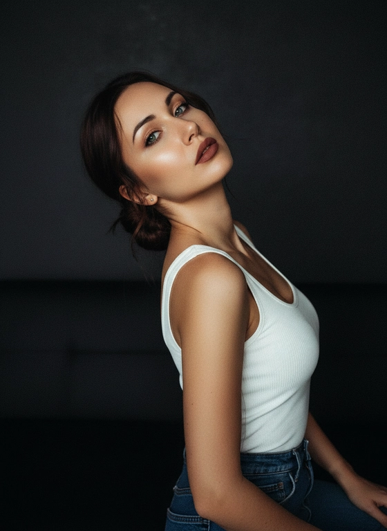 Создай крупный портрет, не меняя черты лица. Художественный женственный портрет. Девушка в белом топе и синих джинсах изяЩНО ВЫгнулась на краю дивана, голова запрокинута назад. Смотрит в камеру. Драматичное освещение «чиароскуро», глубокие тени и мягкие блики на коже. Акцент на линиях шеи и ключиц. Девушка с безупречным макияжем, кожа с загорелая с хайлайтером. Волосы собраны в низкий пучок, с выбившимися прядками. Темный, минималистичный фон, приглушенные тона. Высокая детализация кожи, эстетика Кинематографичного кадра, 8k, снято на 35mm объектив. глубокий черный фон, зернистость

пленки, меланхоличное настроение.
Эстетика роскоши, высокое разрешение,гиперреализм, текстура детально проработаны. Dramatic studio lighting, chiaroscuro, high contrast. Quality: 8k, hyper-realistic, highly detailed textures.