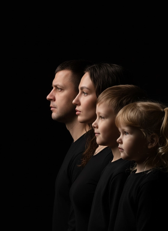 Профессиональный студийный портрет с низким контрастным светом. Головы расположены строго в одну линию, каскадом. боковой профиль, взгляд влево. У всех видны только головы и немного плечи. Черный фон. Черная одежда у всех. Люди занимают весь кадр. 4 человека. Порядок слева на право: отец-> мать-> сын-> дочь.