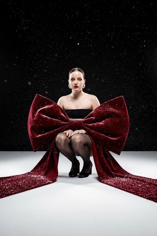 Создай изображение не меняя черты лица. Студийный портрет в стиле рождественской/новогодней модной кампании. Я в элегантной, присевшей позе, взгляд сфокусирован прямо в камеру. Огромный, гипертрофированно большой, роскошный бант из красного бархата, который обернут вокруг тела модели как кутюрный элемент одежды  с очень длинными, широкими ниспадающими концами, которые тянутся по полу. Бант и белый пол покрыты имитацией снега. Минималистичный черный топ без бретелей (bandeau) ,темные, полупрозрачные колготки, черные босоножки с открытым носом, на среднем каблуке. Гладко зачесанные назад волосы. Классический, выразительный макияж: яркая алая помада, четкие черные стрелки, хайлайтер. В ушах крупные, блестящие серьги-гвоздики.

Драматичное, контрастное студийное освещение (split lighting). Ярко освещенный белый пол/поверхность. Фон — глубокий черный, с эффектом динамично падающего яркого снега (snow dust effect).Фотография в высоком разрешении, гиперреализм, кинематографическое качество, профессиональный editorial-снимок для обложки Vogue, снято на камеру Hasselblad.