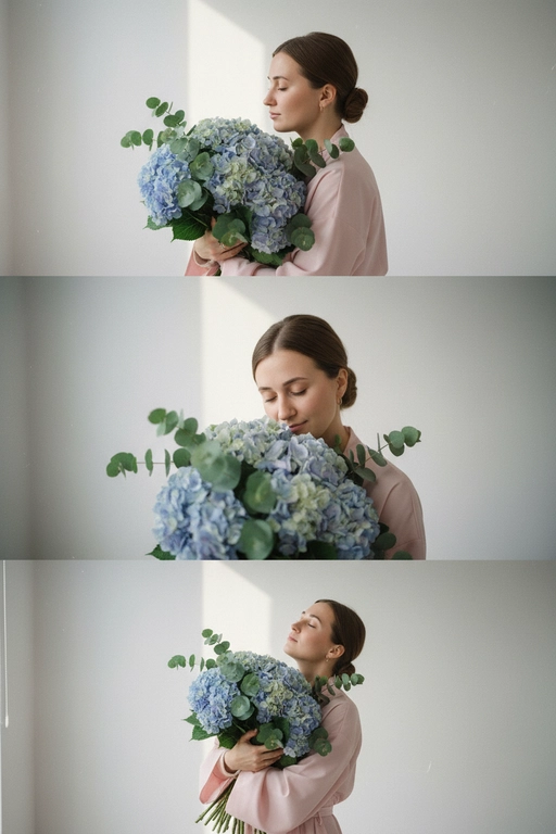 Не меняй черты лица, оставь их точь в точь как на загруженном фото, в том числе макияж и волосы.
Композиция из триптиха изображает женщину дома с цветами
На ней свободная пижама кимоно в пол нежно розового цвета.

На верхнем кадре портрет крупным планом, женщина смотрит в камеру лицо боком в руках у неё огромный букет. На заднем плане светлая стена размыты.

На центральном кадре сверхкрупный план, та же девушка, ее голова слегка наклоненная вперед, она принюхивается к букету, ее глаза закрыты, на лице легкая улыбка.  Кадр снятый с очень близкого расстояния, видно только часть огромного букета и лица  

На нижнем кадре портрет крупным планом изображена всё та же женщина, голова запрокинута вверх глаза закрыты, прижимает все тот же огромный букет к груди

Цветовая палитра приглушена, с нежными розовым, белым
Общий стиль наводит на романтику. Присутствует видимая зернистость.  Букет цветов -голубая гортензия с эвкалиптом