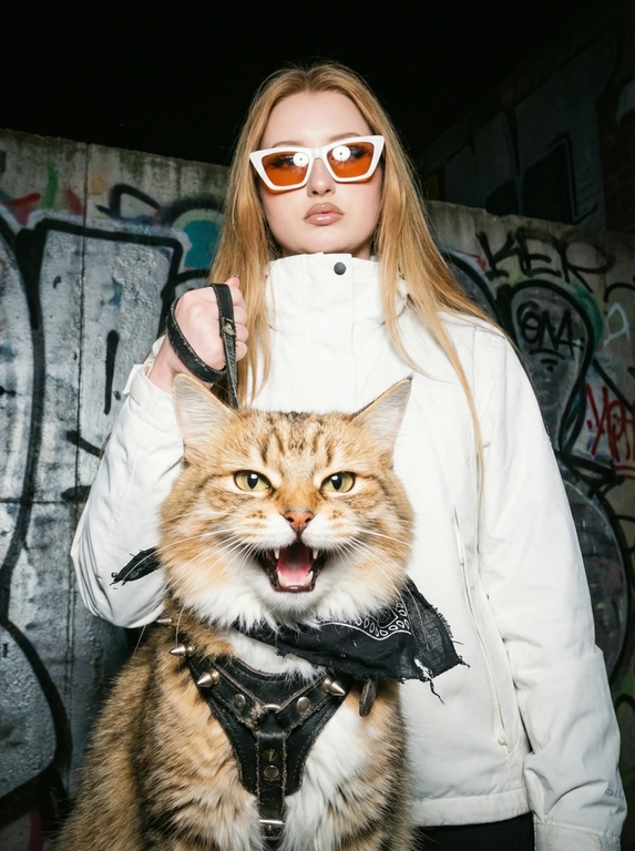         Ночная редакционная уличная портретная съёмка — кадр с крайне низкого угла, с точки зрения «с позиции червя». На переднем плане — крупный план разъярённой кошки. На ней поношенная чёрная кожаная сбруя с тусклыми металлическими шипами и маленькая потрёпанная чёрная бандана, туго завязанная под подбородком. Пасть кота раскрыта в оскале, взгляд резкий и вызывающий.

За ним, занимая большую часть кадра, неподвижно стоит молодая женщина свирепая и стильная. Она небрежно, с показным доминированием держит в одной руке обе сбруи. 

На женщине большие угловатые солнцезащитные белые очки с оранжевыми линзами, в которых отражается резкий прямой свет. На ней яркая белая куртка в стиле gorpcore. Фон — стена с граффити.

Снимок сделан на плёнку Kodak Portra 400 с прямой вспышкой. Изображение выглядит менее привлекательно: высокая контрастность текстур, грубые тусклые полутона, видимая зернистость, лёгкая гало‑эффекта в ярких участках и сильное виньетирование объектива. Формат кадра — 9:16 (вертикальный), что создаёт эффект погружения и передаёт естественную уличную атмосферу.