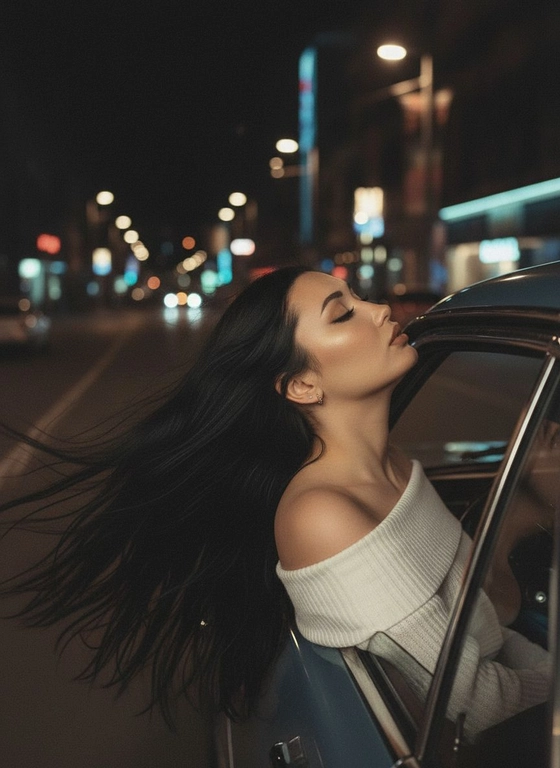 Создайте фото, где я высунула голову из окна машины в тёмную, мечтательную, размытую, винтажную ветреную ночь, в белом трикотажном топе с открытыми плечами. ракурс боковой. Голова чутка откинута назад. Машина в движении.  Выражение лица мечтательное, губы немного приоткрыты. Волосы развеваются в движении. Сохраните детали лица в точности. Пожалуйста, не изменяйте черты лица и оставь таким, какое оно есть.