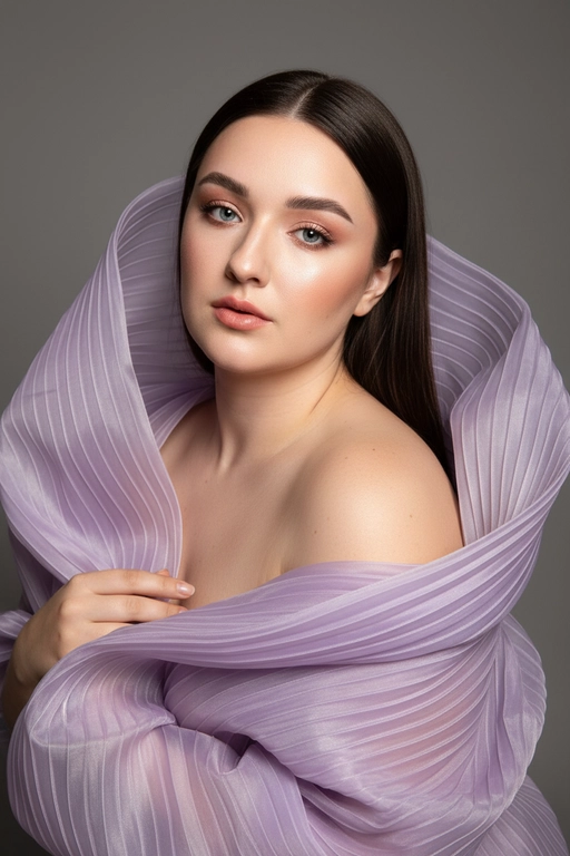    Создайте гиперреалистичный профессиональный студийный портрет женщины с волосами, уложенными на ровный пробор посередине, которые каскадом ниспадают на левое плечо (справа от зрителя) и частично скрыты за правым плечом (слева от зрителя). Камера снимается с немного низкого уровня глаз, глядя прямо на модель, охватывая ее от середины груди и выше. Голова слегка наклонена, взгляд прямой и притягательный.
Ее кожа безупречно гладкая и интенсивно сияет, словно подсвеченная мощным, сфокусированным источником света, подчеркивая мельчайшие поры и естественную текстуру кожи с сияющим, почти воздушным свечением, особенно в области декольте, плеч и верхних линий лица.

Её макияж тщательно проработан:
Глаза: чётко очерченные, ухоженные брови с заметными волосками, мягкие тени тёплых тонов (персиково-розовые и светло-коричневые) с лёгким мерцанием, чёткая чёрная подводка для глаз, создающая нежный кошачий взгляд, и идеально распущенные, объёмные ресницы, подчеркивающие каждую ресничку, с лёгким акцентом на нижних ресницах. Во внутреннем уголке глаза выделяется яркий блик. Радужки глаз отражают рассеянный студийный свет с изысканными узорами.
Щёки: лёгкий, растушёванный румянец натурального розового или персикового оттенка, изящно очерченные скулы и интенсивный, почти влажный блик на выступающих частях лица (скулы, переносица, дуга Купидона), создающий эффект увлажненности и сияния. Губы: губы нежного, естественного кораллово-розового или розово-персикового цвета с мягким атласным финишем, подчеркивающим тонкие естественные линии и текстуру губ, с лёгким бликом на дуге Купидона.

Она изящно одета в объёмную, струящуюся ткань с изящной плиссировкой, напоминающую прозрачный атлас или шёлк. Плиссированная ткань эффектно обрамляет фигуру, создавая объёмную, почти органичную форму, которая высоко поднимается за головой и огибает левое плечо (правое для зрителя), изящно струясь по груди и открывая обнажённые плечи. Материал обладает лёгким, сияющим блеском и мягкой полупрозрачностью, улавливая и отражая студийный свет, подчёркивая его роскошную текстуру и плавные движения. Складки очень детализированы, создавая глубокие тени и яркие блики, которые подчёркивают волнистую форму, а некоторые участки ткани также демонстрируют повышенную светоотражающую способность. Её правая рука (левая для зрителя) нежно касается ткани у груди, на ней видны ухоженные ногти. Освещение выполнено по принципу софтбокса, но с более сильным, концентрированным основным светом для создания интенсивного свечения, сохраняя при этом мягкие тени, которые подчёркивают черты её лица и изгибы плеч без резкости. Фон — гладкий, однотонный средне-серый, обеспечивающий чистый контраст и полностью фокусирующийся на модели. Общее впечатление — утончённая элегантность, изящество и гиперреалистичная детализация, передающая каждый нюанс её красоты, выражения лица и сложную текстуру её волос, кожи и одежды. Черты лица и особенности её внешности должны быть точно воспроизведены с референсной фотографии. Плиссированная ткань нежного, сиреневого или лавандового цвета, у девушки красивая прическа и макияж. Убери пожалуйста второй подбородок