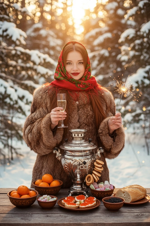  Создай насыщенный, атмосферный, зимний портрет на улице. Я нахожусь в заснеженном лесу, окруженном елями, и стою за столом, накрытым для традиционного чаепития. На мне надета большая, пушистая, роскошная, дорогая, шуба из натурального баргузинского соболя, яркий русский платок (павлопосадский платок) красного цвета, повязанный на голову, с акцентом на красной помаде. Я смотрю в камеру .На столе стоит старинный серебряный самовар, украшенный связками золотистых баранок, а также миски с мандаринами, русскими сладостями, бутерброды с красной икрой, черная икра в маленькой миске, нарезанный батон.
Зимний лес, всё покрыто инеем и мягким снегом. Качество: реалистичная фотография, кинематографический свет, мягкое боке, теплый тон, детальная проработка меха и узоров на платке.
 В правой руке у меня бокал шампанского, а левой рукой держу бенгальский огонь 