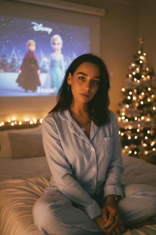 Атмосферный портрет человека, сидящий на кровати в уютной комнате. Не меняй черты лица ни на 1%. Человек смотрит в камеру. На человеке хлопковая голубая пижама в белую полоску. 
Теплое освещение от мерцающих гирлянд и рождественской ёлки. На заднем плане - проекция с фильмом или мультфильмом создающая нотку ностальгии.
Кинематографичный кадр, малая глубина резкости, волшебная и уютная атмосфера. Фото в стиле 90-х, ретро -фильтр. Зернистость Фильм - Disney "Холодное сердце"