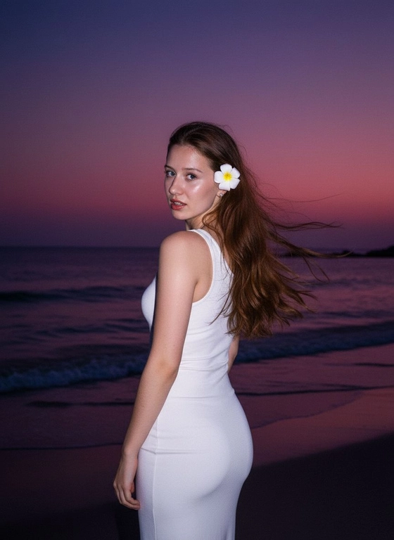 Сделай фото, будто я на пляже, где темно, но кто-то сфотографировал меня со вспышкой, и мое лицо немного блестит и светится, заднем плане закат, как будто солнце село на 98%, оставив фиолетовый оттенок, и само по себе почти темно. Фото сделано из-за моей спины, как будто  мне сказали, повернуться. Я в белом облегающем платье с цветком, заправленным в волосы. Волосы должны развеваться так, как будто дует слегка ветер.