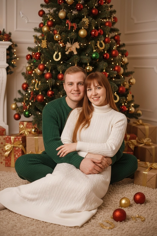 Используй предоставленные изображения и создай фото из домашней новогодней фотосессии. Не меняйте черты лица. . В кадре мужчина и женщина, они сидят на полу в обнимку, улыбаются и смотрят в камеру. Мужчина обнимает женщину сзади за талию. На женщине надето вязаное длинное платье с длинными рукавами. На мужчине вязаный свитера и штаны. На заднем плане стоит наряженная елка с игрушечными шарами, игрушечными лошадками, игрушечными подковами. Под елкой разложены подарочные коробки, перевязанные золотыми лентами. Рядом с парой лежат несколько елочных игрушек как на елке. Фотография выполнена в теплой цветовой гамме. Атмосфера уютная и праздничная. цвет платья девушки- белый, цвет свитера и штанов мужчины - зеленый