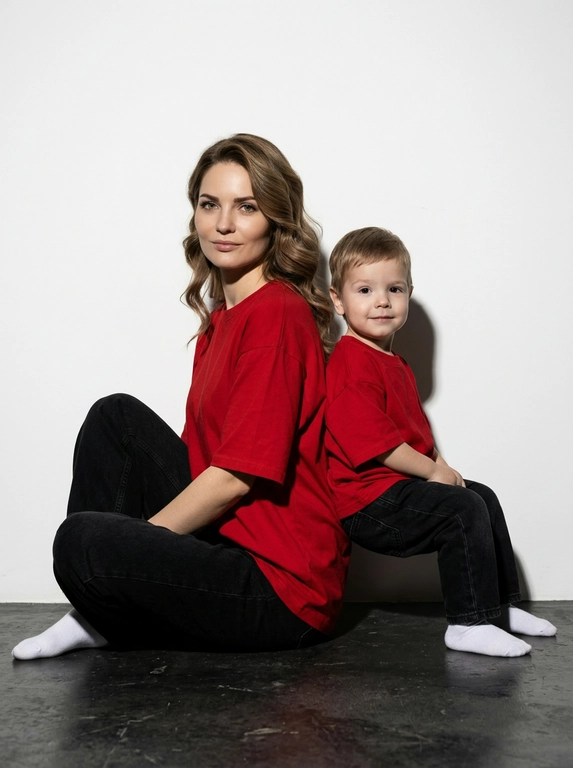 Гипперреалистичная фотография. Качество 8К. Используя портретное сходство с людьми с фотографий , создай фотографию: красивая женщина в красной оверсайз свободной футболке и свободных черных джинсах, белых носках. Мальчик 2 года одет в красную оверсайз футболку, черные свободные джинсы и белые носочки. Женщина сидит на полу, согнув колени, смотрит прямо в кадр с еле заметной улыбкой. Сзади женщины в такой же позе сидит мальчик облокотившись спиной к спине женщины, с легкой улыбкой . Волосы женщины , уложены в еле заметные волны. темный стиль модного редакционного журнала, глубокие тени и драматическое студийное освещение, белый фон, элегантная и мощная композиция, ультрареалистичный, высокая детализация, художественный портрет.
Техника и настройки (портретный подход)
⦁ Объектив: 85 мм...