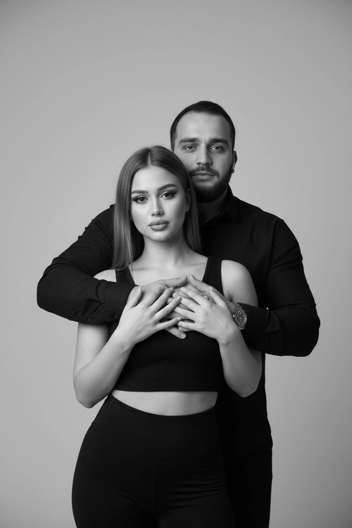 Черно-белый портрет мужчины и женщины в стиле фэшн фотосессии в фотостудии. Не изменяйте лица. Фон нейтральный, однотонный, светло-серый. Атмосфера интимная и спокойная. На переднем плане женщина. Вся композиция выполнена в приглушенной монохромной гамме со студийным освещением, которое подчеркивает текстуру кожи и одежды. Её руки лежат на груди мужчины. Мужчина обнимает женщину сзади, положив свою руку поверх её руки. Она одета в лосины и топ . Лица людей не менять