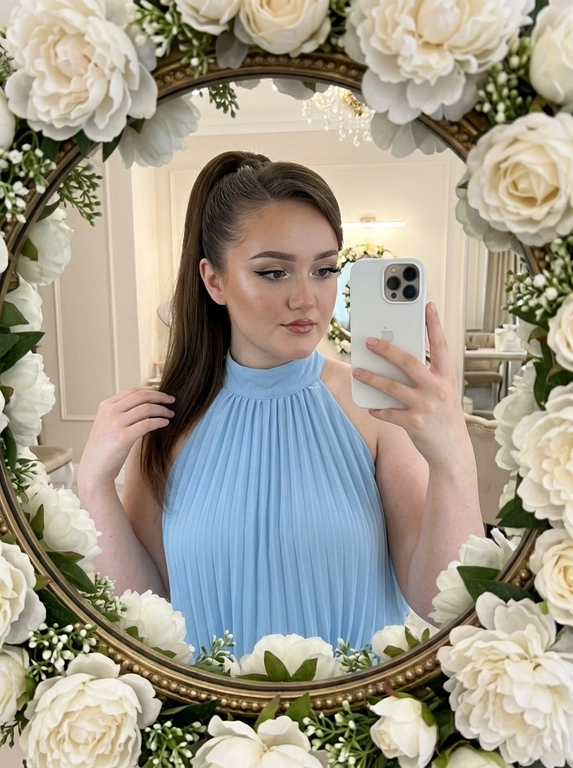 Максимально реалистичное селфи в зеркале в эстетике luxury soft glam. Модель стоит перед круглым зеркалом с изящной рамой, украшенной белыми живыми пионами. Цветы обрамляют зеркало нежно и дорого, создавая ощущение утончённого, премиального кадра. Композиция чистая и визуально собранная: модель находится в центре отражения, кадр выглядит эстетично, дорого и современно.

Поза естественная и уверенная: одной рукой модель держит современный смартфон, второй рукой слегка касается волос, создавая живой и непринуждённый жест. Селфи выглядит не постановочным, а как красивый спонтанный кадр из дорогой life-style съёмки.

Макияж — выразительный soft glam: чёткие чёрные стрелки, длинные пышные ресницы с лисьим эффектом, внутренние уголки глаз подсвечены сияющими тенями. Кожа ровная, ухоженная, с мягким влажным сиянием. Губы подчёркнуты карандашом и покрыты полупрозрачным глянцевым блеском, создающим аккуратный объём.

На модели ее образ выглядит женственно, современно и дорого. 

Смартфон современный, в минималистичном белом матовом чехле. Если нужен более дорогой вайб, без лишнего декора и ярких деталей.

Освещение холодное, мягкое и чистое, как в дорогой beauty-съёмке или premium dressing room. Свет красиво подчеркивает сияние кожи, текстуру ткани, свежесть пионов и блеск украшения. Атмосфера — роскошная, женственная, ухоженная, без дешёвого глянца.

Фотореализм максимальный: высокая детализация кожи, ткани, цветов, аксессуаров и отражения в зеркале. Лёгкий цифровой шум, мягкая резкость, деликатная зернистость, естественная глубина кадра, высокая контрастность, эффект живого фото, без CGI и без искусственного AI-эффекта.

Какая будет прическ?: гладкий высокий хвост с лёгким объёмом у корней, polished sleek ponytail.

Какой будет образ на фото? : Светло-голубая блузка без рукавов с открытыми плечами!  с высоким воротником, воротник-стойка, плиссированная шифоновая ткань, собранная у выреза, элегантный драпированный силуэт, нежный пастельно-голубой цвет, шелковистая текстура, высокое качество, минималистичный стиль.