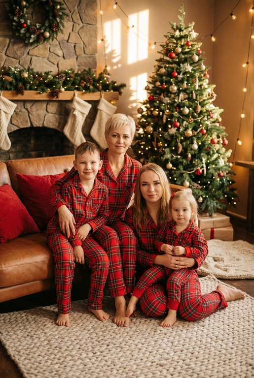   Создай трогательный кадр из профессиональной фотосессии в студии, где запечатлен момент семейной близости. Люди на фото могут быть как взрослыми так и детьми, в зависимости от предоставленных фото. Сделай так, чтобы все они смотрелись гармонично и трогательно. Фото в стиле Энни Лейбовиц, четкий фокус.

Люди в расслабленных позах на низком коричневом кожаном диване и на плотном светлом вязаном ковре. Естественные прически и минимальный макияж. 

Студия украшены в рождественском или новогоднем стиле, рядом с диваном стоит елка, позади дивана камин. Каминная полка украшена еловой гирляндой, шишками и маленькими рождественскими носочками. На диване красные декоративные подушки. В студии висят теплые гирлянды и мягко светятся.  

На фото видно лица людей и они смотрят в камеру.
 
Освещение мягкое, естественное, теплое, в стиле "Золотой час", мягкие тени, камера на уровне глаз, теплый цветовой грейд (золотисто-коричневые тона), натуральные оттенки, тонкая ретушь, мягкая пленочная текстура, атмосфера уюта, семейного тепла и близости. Одежда в стиле классических красных пижам в клетку 