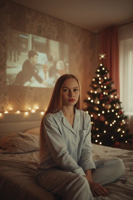 Атмосферный портрет человека, сидящий на кровати в уютной комнате. Не меняй черты лица ни на 1%. Человек смотрит в камеру. На человеке хлопковая голубая пижама в белую полоску. 
Теплое освещение от мерцающих гирлянд и рождественской ёлки. На заднем плане - проекция с фильмом или мультфильмом создающая нотку ностальгии.
Кинематографичный кадр, малая глубина резкости, волшебная и уютная атмосфера. Фото в стиле 90-х, ретро -фильтр. Зернистость Фильм - СССР "Москва слезам не верит".