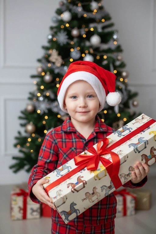 Используйте отправленную мной фотографию в качестве референса. Камера снимается немного выше уровня глаз, глядя прямо на модель, охватывая от середины груди и выше.  На изображении человек держит подарочную коробку  (размер 50х500х50 сантиметров) с крышкой, перевязанную красной лентой. На коробке нарисованные игрушечные лошадки. На фоне размытая рождественская или новогодняя елка. Лицо в три четверти (3/4), Модель в красной пижамной рубашке в клетку. Смотрит в камеру с легкой улыбкой, как будто предвкушая открыть свой подарок. 

Освещение выполнено по принципу софтбокса, но с более сильным, концентрированным основным светом для создания интенсивного свечения, сохраняя при этом мягкие тени, которые подчёркивают черты лица человека. 
Гиперреалистичная детализация, передающая каждый нюанс красоты, выражения лица и сложную текстуру волос, кожи и одежды. Атмосфера новогоднего праздника.  На голове у ребенка шапка деда мороза,одет в клечатую пижаму красного цвета,стоит возле ёлки с подарком в руках,в студии белые стены,свет приглушенный