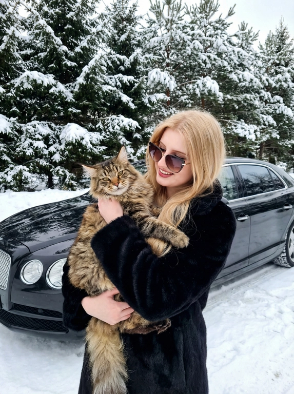   Mobile shot of a young woman while holding a big cat in her arms, surrounded by snowy trees and a sleek black car in the background. She’s wearing a stylish black faux fur coat and large sunglasses. The background is clearly in focus, showing the snow-covered landscape and the fluffy texture of the trees. 8K resolution, capturing the details of her outfit, the texture of the snow, and the playful expression of the dog. —ar 3:4 —v 6
Качество 8 К