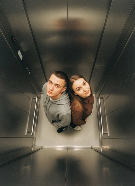 Используй предоставленные изображения и создай фото с двумя людьми в лифте с металлическими стенами. Цветовая гамма с преообладанием серых металлических оттенков. Кадр снят с максимально верхнего ракурса, люди будто заглядывают в камеру, их головы подняты наверх, взгляд в камеру. Легкий эффект fish eye. Реалистичное фото. Зернистость пленочного фото, насыщенные цвета, стиль фото y2k. Сохрани черты лица людей. Они стоят спиной друг к другу. Руки в карманах.