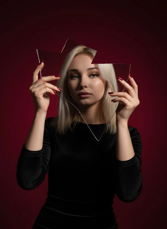 Создай фото для человека на предоставленном фото. Не меняй черты лица. Осколок разбитого зеркала держат изящные руки с длинными красными маникюром, отражая лицо человека. Выражение её лица серьёзное и выразительное. Фон — плавный градиент тёмно-красного цвета для эффектного контраста. Кинематографическое освещение с глубокими тенями, резкий фокус на глазах, сюрреалистичный и художественный стиль модной фотографии.