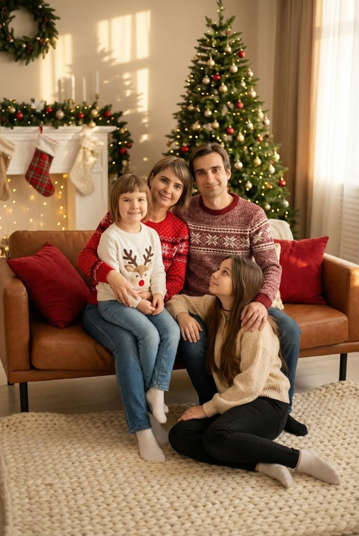   Создай трогательный кадр из профессиональной фотосессии в студии, где запечатлен момент семейной близости. Люди на фото могут быть как взрослыми так и детьми, в зависимости от предоставленных фото. Сделай так, чтобы все они смотрелись гармонично и трогательно. Фото в стиле Энни Лейбовиц, четкий фокус.

Люди в расслабленных позах на низком коричневом кожаном диване и на плотном светлом вязаном ковре. Естественные прически и минимальный макияж. 

Студия украшены в рождественском или новогоднем стиле, рядом с диваном стоит елка, позади дивана камин. Каминная полка украшена еловой гирляндой, шишками и маленькими рождественскими носочками. На диване красные декоративные подушки. В студии висят теплые гирлянды и мягко светятся.  

На фото видно лица людей и они смотрят в камеру.
 
Освещение мягкое, естественное, теплое, в стиле "Золотой час", мягкие тени, камера на уровне глаз, теплый цветовой грейд (золотисто-коричневые тона), натуральные оттенки, тонкая ретушь, мягкая пленочная текстура, атмосфера уюта, семейного тепла и близости. Одежда в новогоднем стиле: уютные свитера - красного или белого цвета, с узорами или вышивкой оленя, джинсы и бежевые брюки 